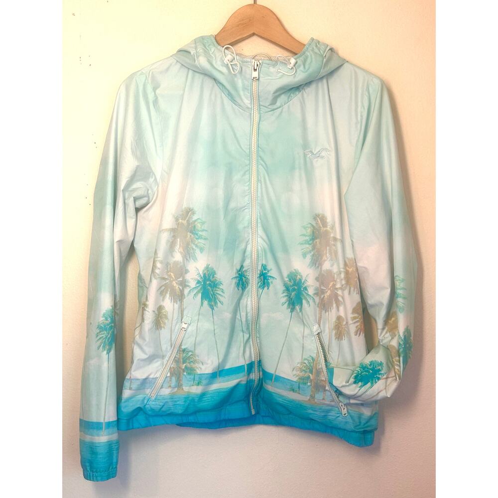 Vintage Y2K Hollister size L wind breaker jacket beach theme Tropical Blue